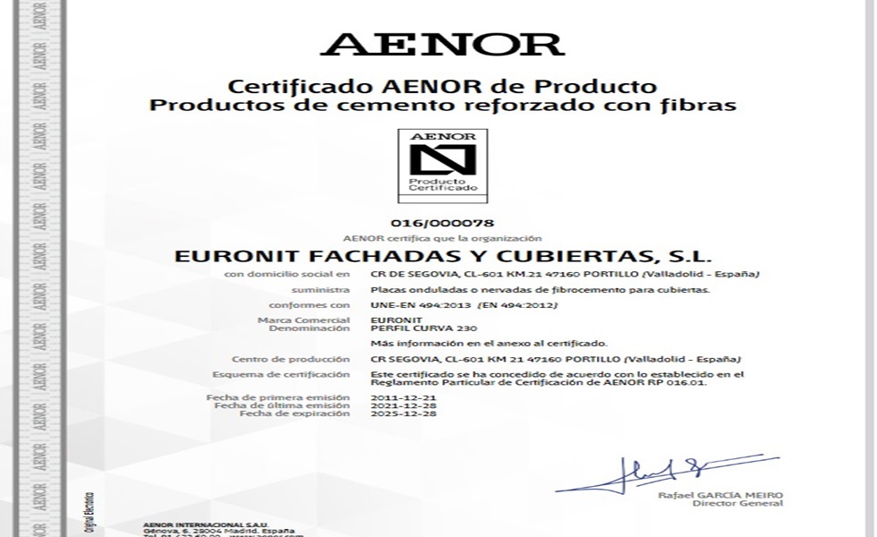 A Euronit possui DOP e certificados que garantem a sua salubridade e segurança.